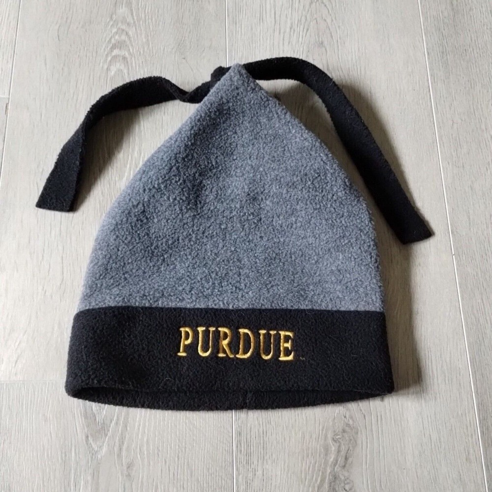 Vintage Purdue Hat Winter Cap Skull Ski Toboggan Gray Black Spell Out Fleece